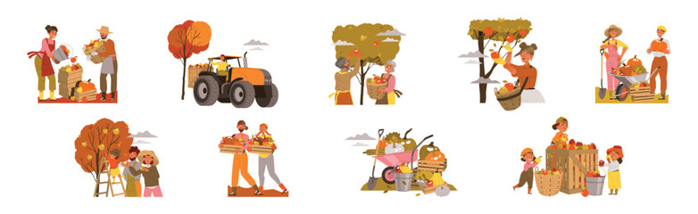 Harvesting People Character Gather Crop and Farm Product Vector Illustration Set