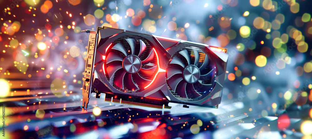 Poster a modern graphics card with two fans is featured in a close-up shot, surrounded by a colorful bokeh 