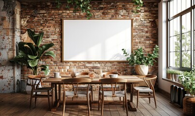 Rustic dining room with a blank canvas on the wall