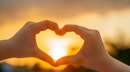 Fototapeta premium heart shaped hands silhouette at sunset, romantic golden hour gesture.