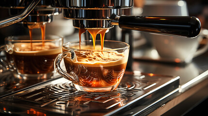 Espresso Shot and Machine: Close-up of espresso shot being pulled into a small glass cup.