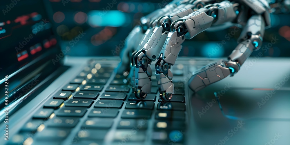 Poster cyborg hand typing on laptop keyboard for ai ml and data connection. concept technology, artificial 