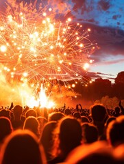 crowd silhouettes watching fireworks show at night.