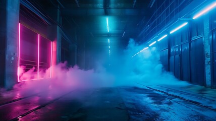 a moody dark street with a deep blue abstract background, highlighted by neon light and spotlights, smoke drifting up from the concrete floor, forming a dramatic studio environment for product display