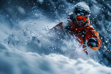 A skier in an orange jacket and black helmet expertly navigates through deep powder snow, sending a spectacular spray of snowflakes into the air