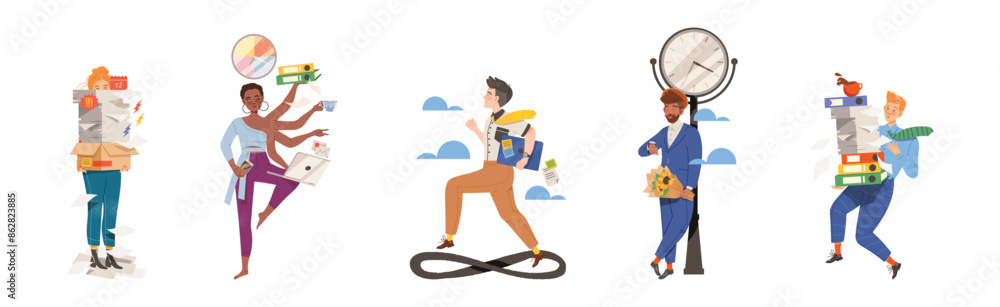 Poster effective time management with people character deal with deadline and tasks planning vector set