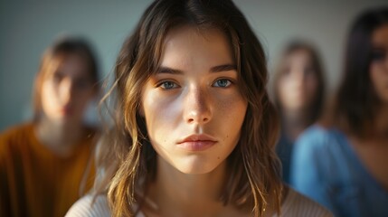 Obraz premium Young Woman with Social Anxiety Avoiding Eye Contact in Group Close-up Shot