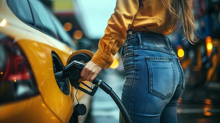 Woman Refueling Car at Gas Station