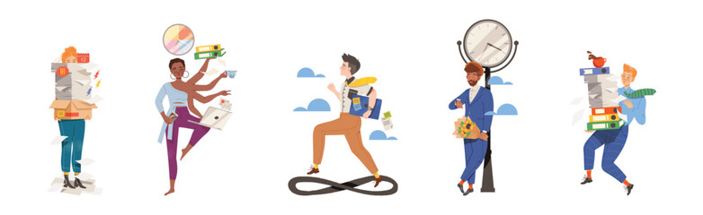 Effective Time Management with People Character Deal with Deadline and Tasks Planning Vector Set