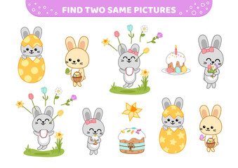 Obraz premium Find two same pictures. Easter rabbits celebrate Easter and spring. Game for children. Cartoon
