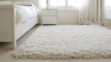 A close-up view of a fluffy white shag rug in a modern bedroom with white walls and a white bed