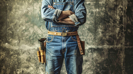 A man wearing overalls and a tool belt stands with arms crossed, showcasing his dedication to hard work and craftsmanship