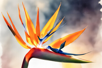 Vibrant Bird of Paradise flower illustration with colorful background, Artistic illustration of a vibrant Bird of Paradise flower