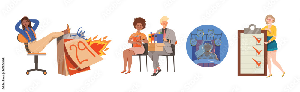 Aufkleber effective time management with people character deal with deadline and tasks planning vector set