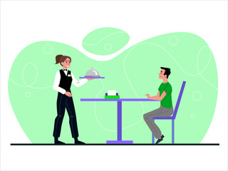 A girl waiter in uniform serves a table with a restaurant client and carries a dish.