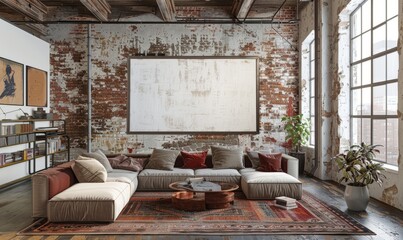 Industrial living room with a blank canvas on the wall