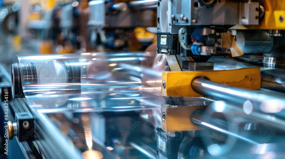 Poster close-up of plastic packaging rolls or sheets being fed into machinery for cutting and shaping, emph