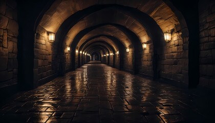 Fototapeta premium Dark dungeon tunnel of a medieval castle, dark underground corridor in the dungeon. Generative AI, Generative, AI