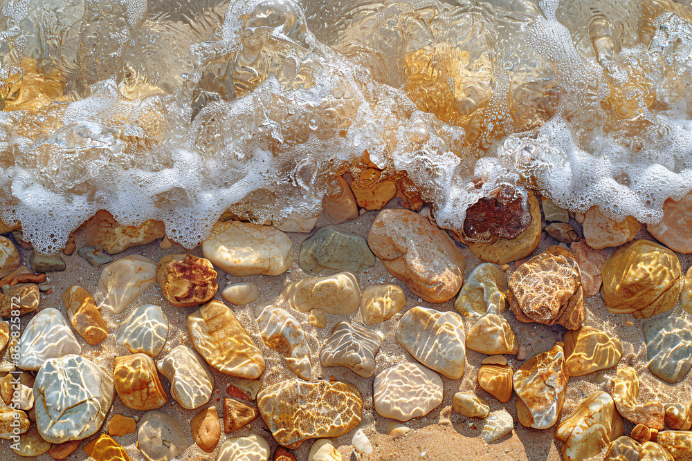 Poster waves gently wash over golden and beige pebbles on a beach, creating a mesmerizing pattern of reflec