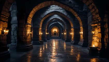 Dark dungeon tunnel of a medieval castle, dark underground corridor in the dungeon. Generative AI, Generative, AI