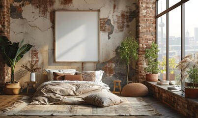 Industrial bedroom with a blank canvas on the wall