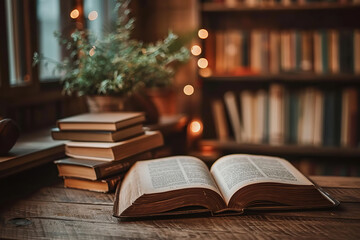 Old books in the library with opened book on the front. Magic calm atmosphere for Book Lovers Day, every year on August 9
