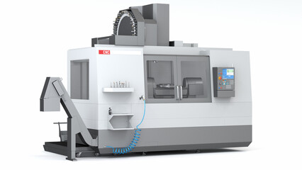 CNC machine on a white background. Metalworking industry. 3d illustration
