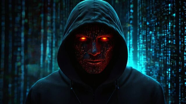 The video shows a person in a dark hoodie with a glowing red mask standing in front of a blue background with a green grid.