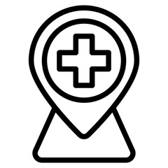 hospital location map pointer, cross icon with location pin isolated on white background, vector marker, first aid sign