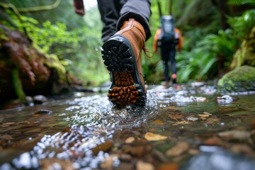 Hikers navigating a forest stream, boots wading through clear water