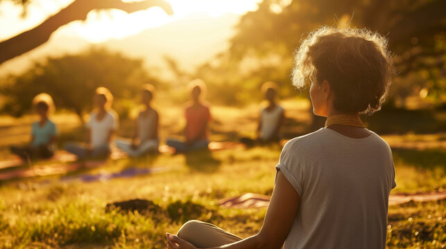 A health and wellness coach leading a group meditation session in a serene outdoor setting under the morning sun.
