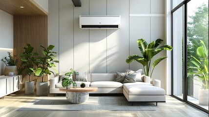 a modern living room featuring an energy-efficient air conditioner, exuding a fresh and natural vibe with indoor plants and elegant, minimalistic design