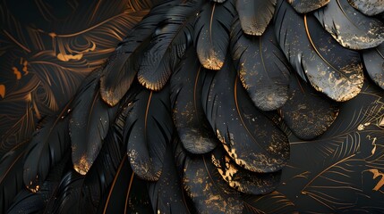 Fototapeta premium luxury black and gold background with golden feathers