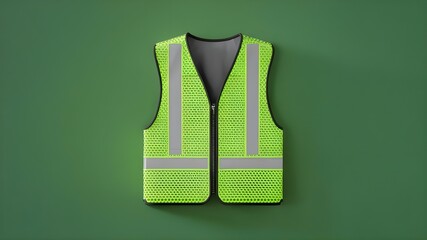 This 3D vector mockup of personal protection equipment shows a safety vest with reflective stripes, a zipper and neon green colour for workers, security and traffic.