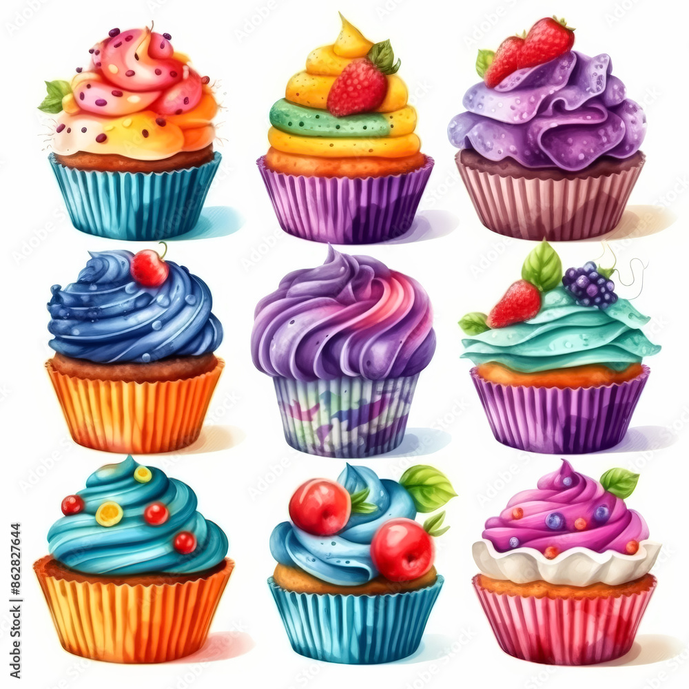 Poster a set of colorful cupcakes with different flavors and toppings. the cupcakes are arranged in a row, 