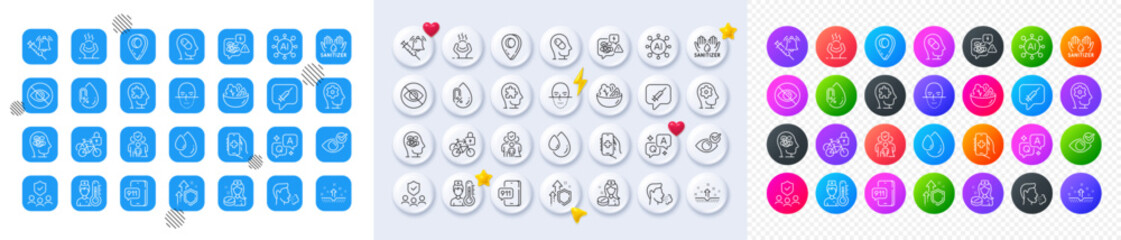 Salad, People insurance and Stress line icons. Square, Gradient, Pin 3d buttons. AI, QA and map pin icons. Pack of Brain working, Mental conundrum, Face recognition icon. Vector
