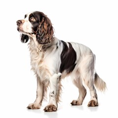 Fototapeta premium English springer spaniel dog breed standing against white background, AI Generated