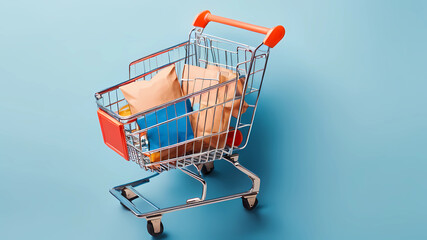 A photo of a shopping cart with a variety of products. The products are neatly organized in the cart.