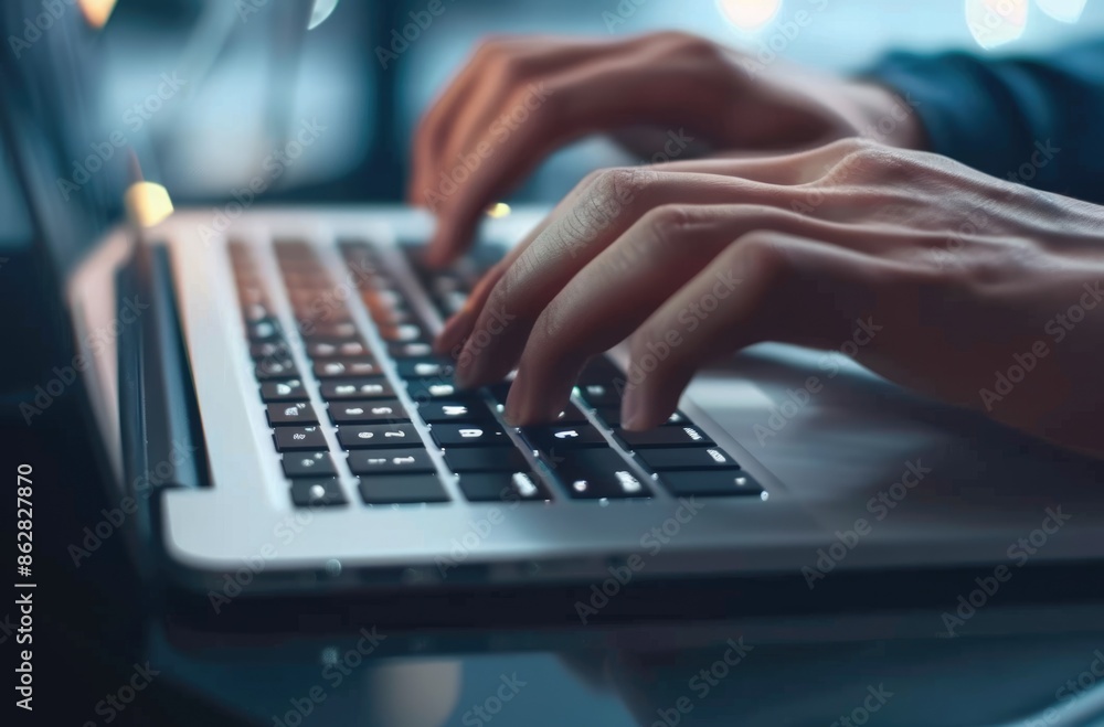 Poster closeup image of hands typing on a laptop keyboard with ambient lighting, illustrating computer work