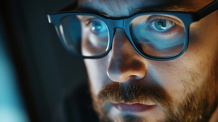 Close up of cybersecurity analysts eyes focused on monitoring hacking attack alerts on computer screen