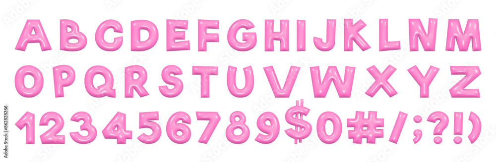 Poster pink playful alphabet in y2k style. 3d rendering of plump letters, plastic glossy reflective texture