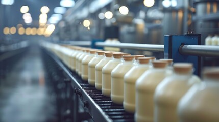 Obraz premium A modern dairy production line in an industrial factory with bottles of milk showcasing the efficiency of the process