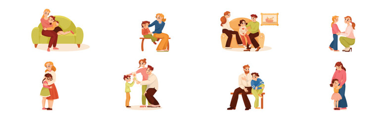 Parents Supporting Children Soothing and Talking to Them Vector Set