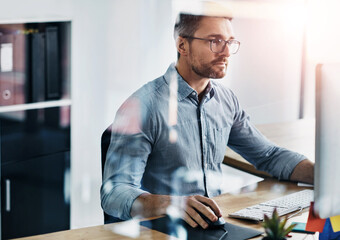 Business man, working and research on computer for information technology or programming solution. Programmer or online developer with problem solving, reading and planning software update in office