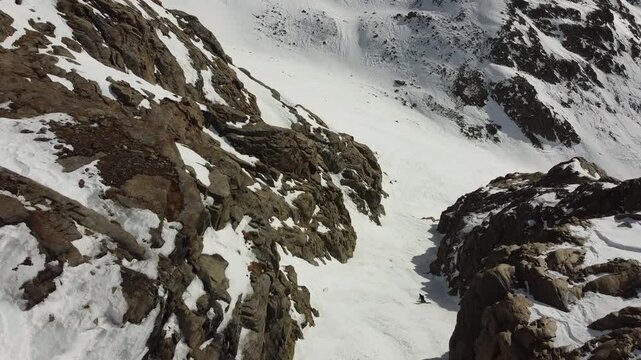 Free-ride Ski down the couloir, sky, monte rosa, Alagna, monte Rosa, Champoluc, drone, aerial, aerial shoot,