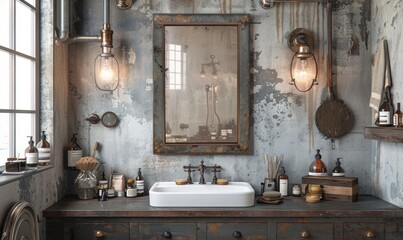 Industrial bathroom with a blank frame above the vanity