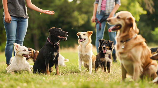 Professional dog trainer working with a group of diverse dogs in an agility course set up in an open field.