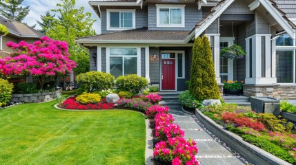 A house with a red door and a beautiful garden