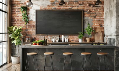 Rustic kitchen with a blank chalkboard on the wall