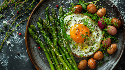 A plate of food with a fried egg, asparagus, and potatoes. The plate is on a dark surface and the food is arranged in a visually appealing manner